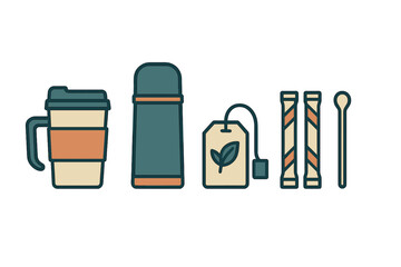 Set of icons for hot beverages including coffee cup, thermos flask, and tea supplies