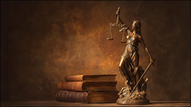 A bronze statue of a woman holding scales and a sword stands beside a stack of old books against a richly textured, warm-toned background, creating a visual representation of justice and law.