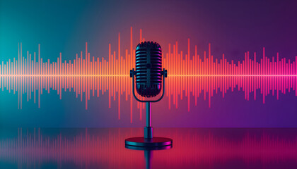 Modern audio technology with classic microphone and sound waves