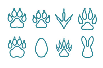 Collection of various wild and domestic animal paw prints and tracks outlines set