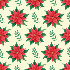 Seamless pattern of vibrant red poinsettias with green leaves on a pale yellow background