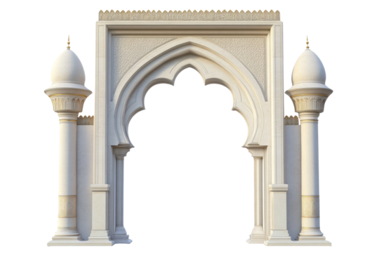 Ornate wooden double doors with arched entryway isolated on transparent background. Arabic arch gate isolated on white background.