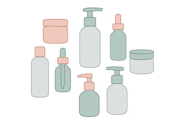 Assortment of modern skincare product packaging containers with soft pastel tones