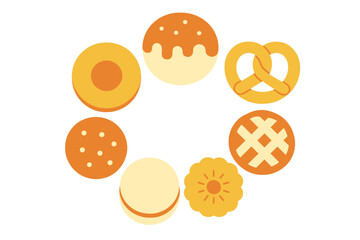 Collection of sweet baked goods and desserts arranged in a circular pattern