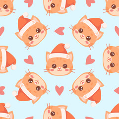 Cute red kitten in Christmas Santa hat seamless pattern on light blue background. Adorable festive Christmas vector illustration perfect for holiday cards, wrapping paper, fabric, textile.