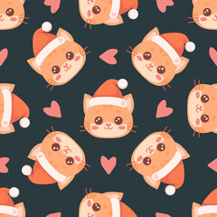 Cute red kitten in Christmas Santa hat seamless pattern on dark background. Adorable festive Christmas illustration perfect for holiday cards, wrapping paper, fabric, textile. Vector illustration.