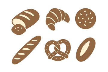 Collection of various baked goods including loaf of bread, croissant, baguette, pretzel, and bun