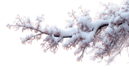 Winter Tree Branch with Thick Snow Accumulation on White Background on Transparent Background