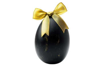 Elegant black easter egg with golden bow isolated on transparent background. Black egg with a gold ribbon isolated on white background.