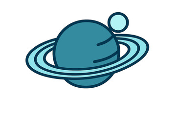 Simple flat design representation of a blue gas giant planet with prominent rings and a satellite