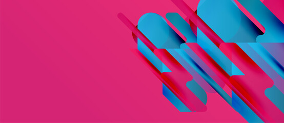 Abstract geometric shapes, vibrant pink background, blue and red elements create dynamic composition. Modern design, clean lines.