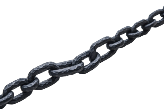 Heavy dark metal chain links isolated on transparent background. Black diagonal chain a blockchain isolated on white background.