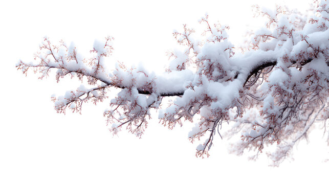 Winter Tree Branch with Thick Snow Accumulation on White Background on Transparent Background