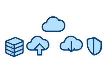 Essential cloud computing and data storage symbols featuring server, transfer, and security