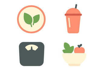 Wellness and healthy lifestyle symbols featuring scale, smoothie, organic food, and salad bowl