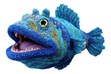 Beaded sea creature with open mouth and sharp teeth