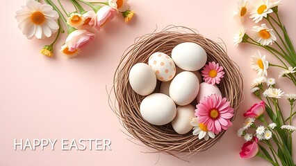 Decorated Easter eggs in nest with spring flowers, seasonal celebration.
