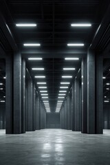 A long industrial warehouse with geometric pillars, ceiling lights and concrete floor