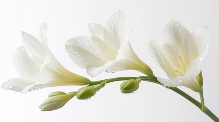 Obraz premium A delicate arrangement of white flowers with droplets, showcasing their beauty and freshness against a soft background.