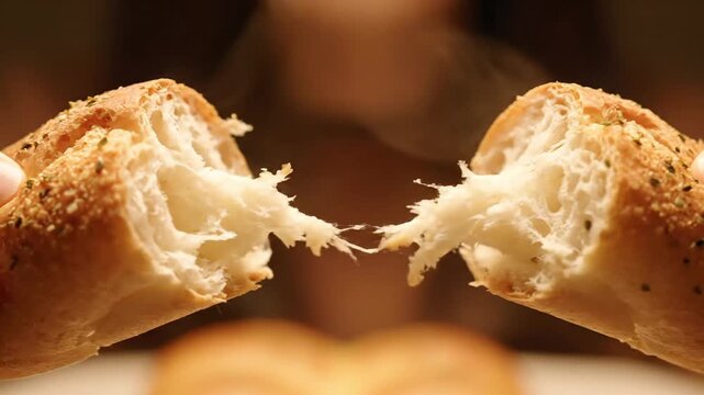 Close-up shot of a loaf of bread being pulled apart, revealing the soft and fluffy inside, a delightful moment of food and texture