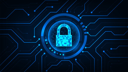 Abstract lock digital tech circle technology with line circuit futuristic blue background