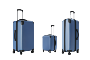 Blue suitcases of different sizes isolated on transparent background. Blue hard shell suitcases are displayed from various angles isolated on white background.