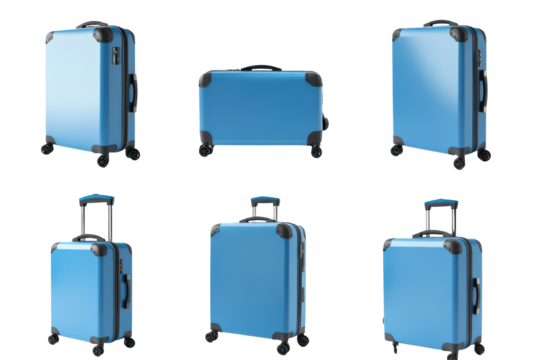 Blue suitcases of different sizes isolated on transparent background. Blue hard shell suitcases are displayed from various angles isolated on white background.
