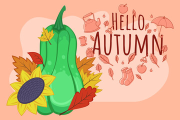 Vibrant butternut squash, sunflowers, and colorful leaves inviting natures beauty. Joy of autumn concept