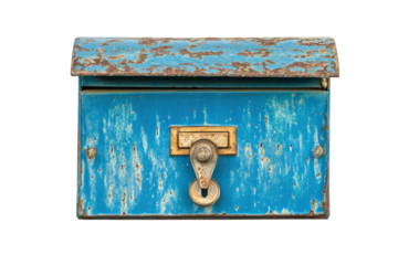 Old blue metal mailbox with a rusty lock isolated on transparent background. Blue mailbox isolated on white background.