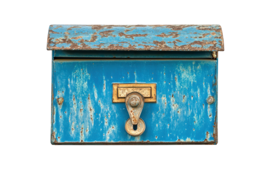 Old blue metal mailbox with a rusty lock isolated on transparent background. Blue mailbox isolated on white background.