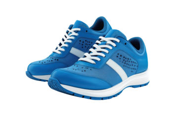 Blue athletic running shoe with white stripes isolated on transparent background. Blue sport sneakers shoes isolated on white background.