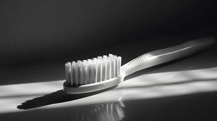 A toothbrush is sitting on a wall next to a window. The sunlight is shining on the toothbrush,