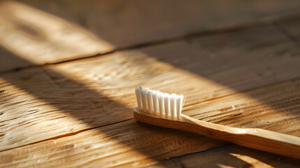 A toothbrush is sitting on a wall next to a window. The sunlight is shining on the toothbrush,