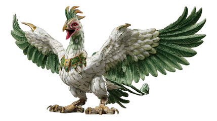 Mythical bird with outstretched wings, ornate green and gold plumage