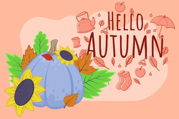 Colorful autumn scene with blue pumpkin, sunflowers, leaves, and seasonal icons like teapot and umbrella. Message Hello Autumn standing out against warm background