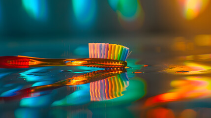 A toothbrush is on a table with a colorful background. 