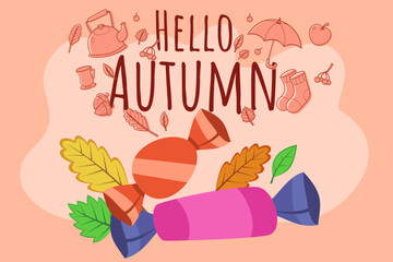 Bright candies among falling leaves, celebrating arrival of autumn. Various seasonal elements like umbrellas and teapots adding warm touch to scene