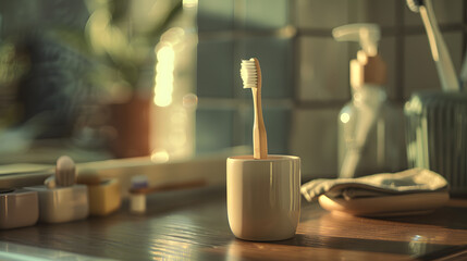 A toothbrush is sitting in a cup on a wooden table
