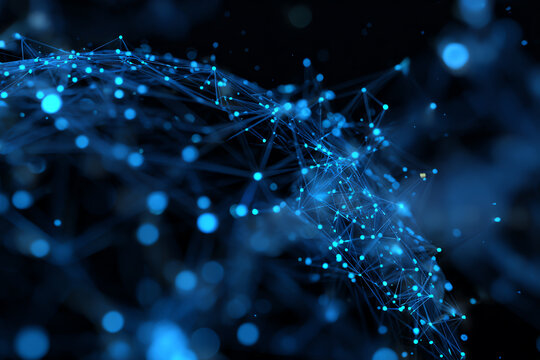 Data Network Abstraction: A complex web of interconnected points and lines illuminates in shades of blue, visualizing the intricacy of global networks.