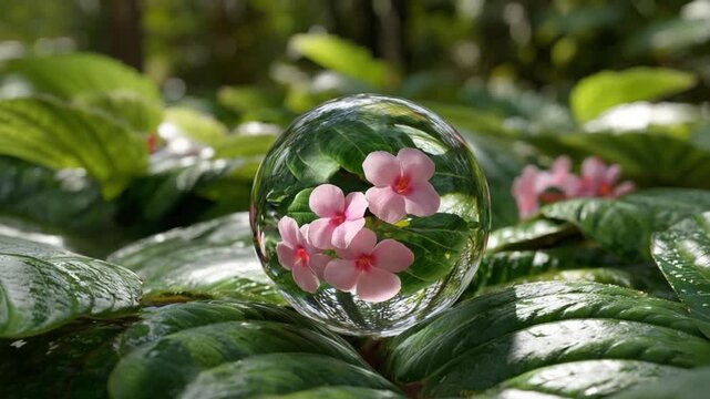 Ephemeral Bloom in Crystal Sphere: A delicate cluster of vibrant pink flowers are encapsulated within a crystal sphere, resting gently upon lush green leaves. It's a moment of nature's artistry.