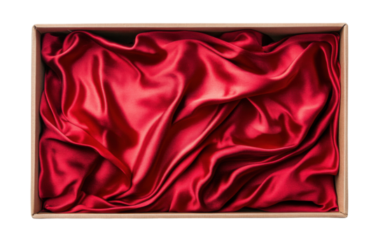 Luxurious red satin fabric lining an open box isolated on transparent background. Box covered with red silk cloth isolated on white background.