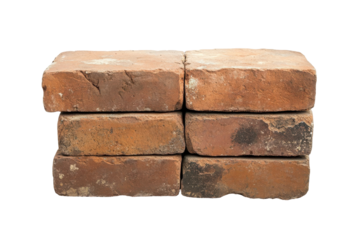 Stack of six weathered red bricks isolated on transparent background. Brick isolated on white background.
