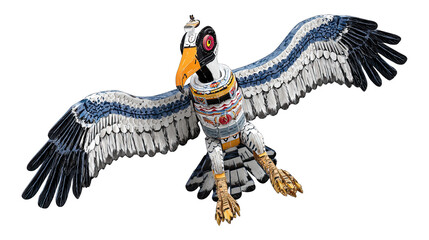 Stylized bird with mechanical elements in flight