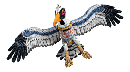 Stylized bird with mechanical elements in flight