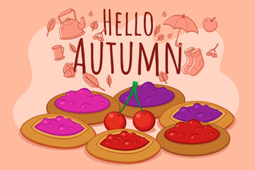 Vibrant display of colorful fruit pies on pastel background. Pies adorned with cherries. Arrival of fall concept