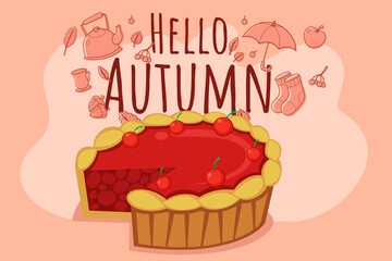 Vibrant pie on colorful background with cherries on top. Autumn-themed elements like leaves and boots surrounding pie, celebrating fall season