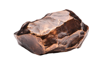 Rough copper nugget with textured surface isolated on transparent background. Bronze nugget isolated on white background.