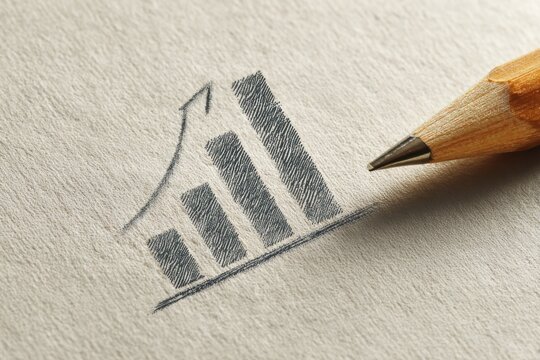 A pencil draws a bar graph illustrating growth on textured paper