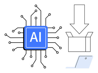 AI chip surrounded by circuits connects to box via download arrow, reflects tech workflow. Ideal for technology, software, innovation, AI, data transfer, digital solutions future concepts. Simple