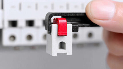 Close up of hand holding new clean circuit breaker with red switch lever in electrical panel, showing precise control